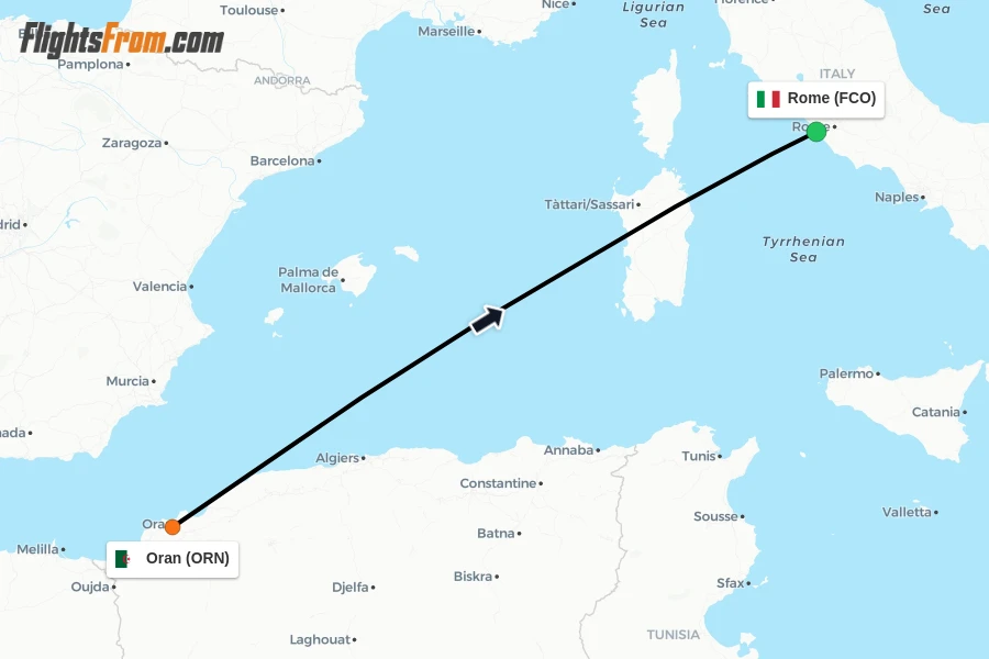 Flights from Oran to Rome route map