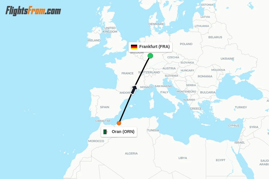 Flights from Oran to Frankfurt route map