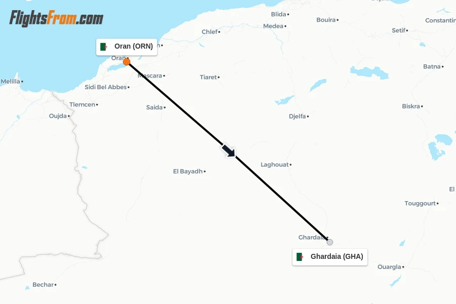 Flights from Oran to Ghardaia route map