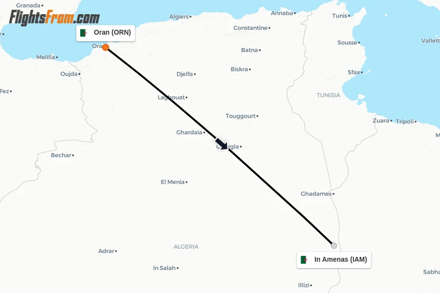 Flights from Oran to In Amenas route map