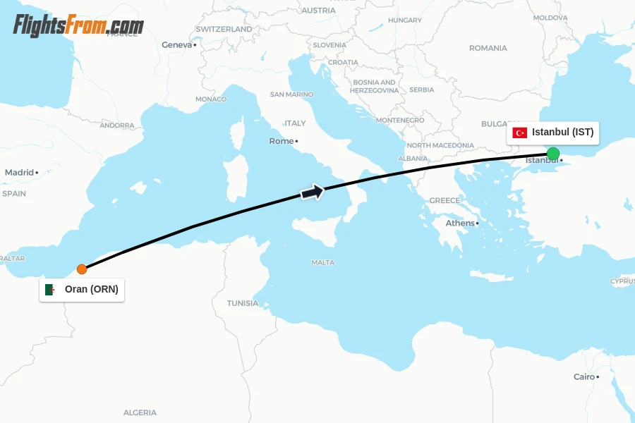 Flights from Oran to Istanbul route map