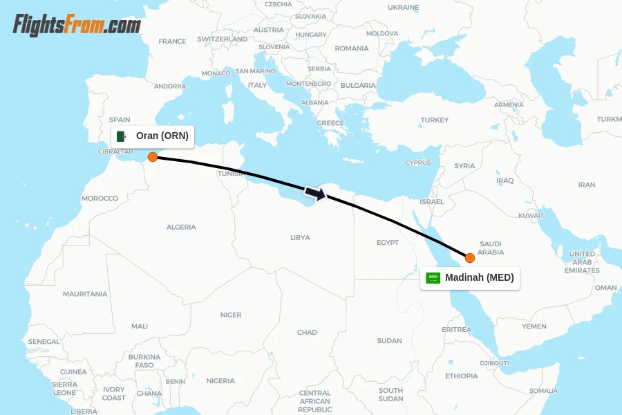 Flights from Oran to Madinah route map