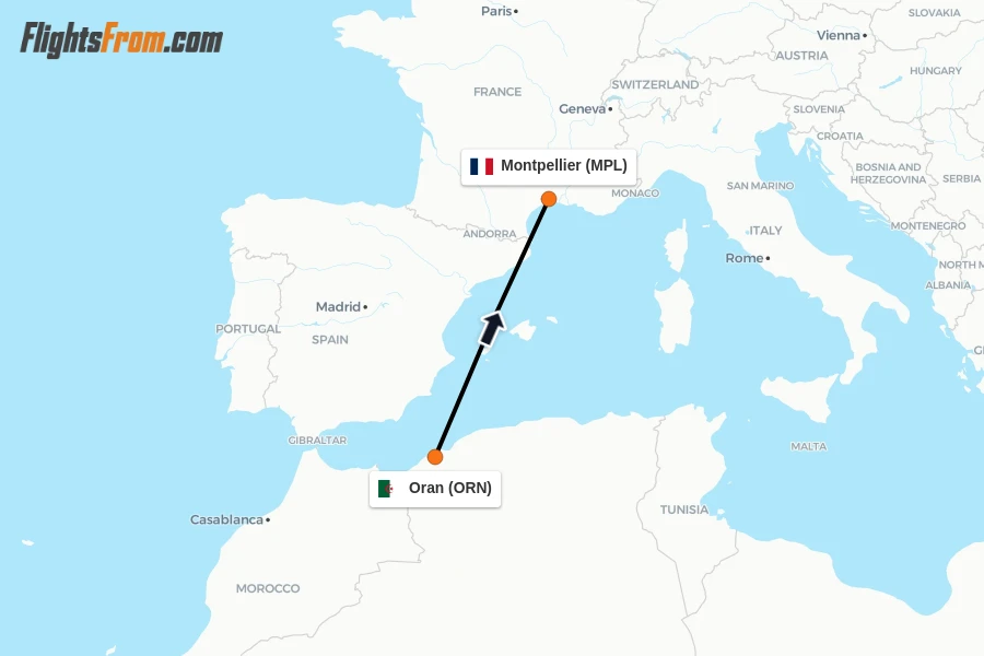 Flights from Oran to Montpellier route map