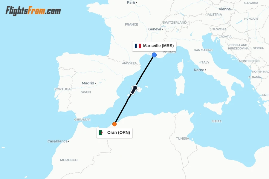 Flights from Oran to Marseille route map