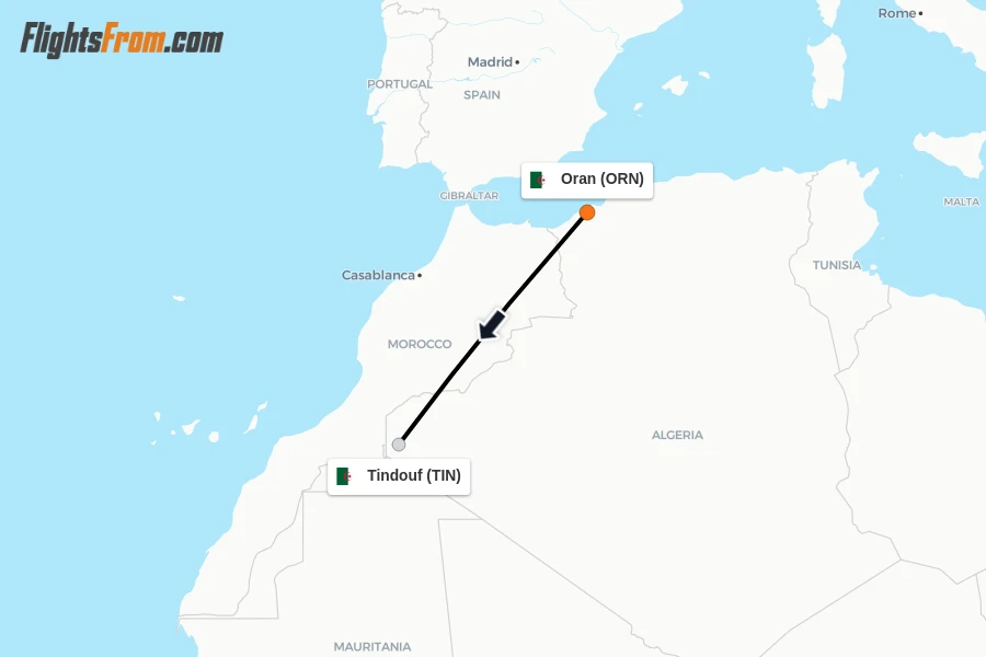 Flights from Oran to Tindouf route map