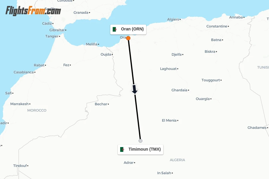 Flights from Oran to Timimoun route map