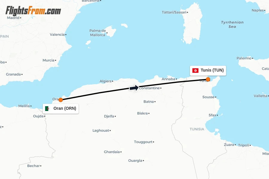 Flights from Oran to Tunis route map