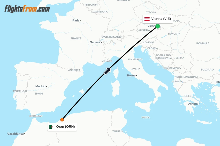 Flights from Oran to Vienna route map
