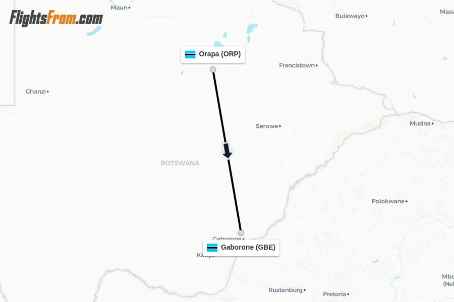 Flights from Orapa to Gaborone route map