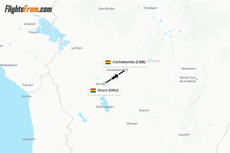 Flights from Oruro to Cochabamba route map