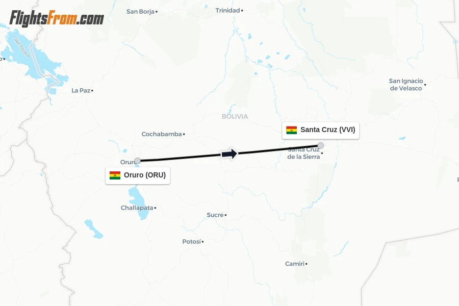 Flights from Oruro to Santa Cruz route map