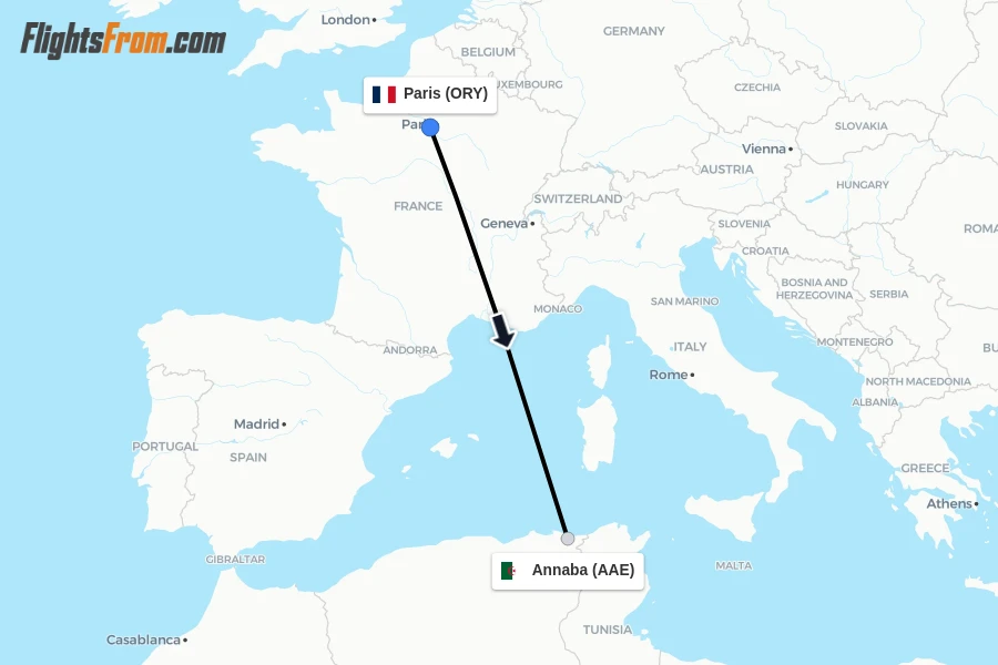 Flights from Paris to Annaba route map