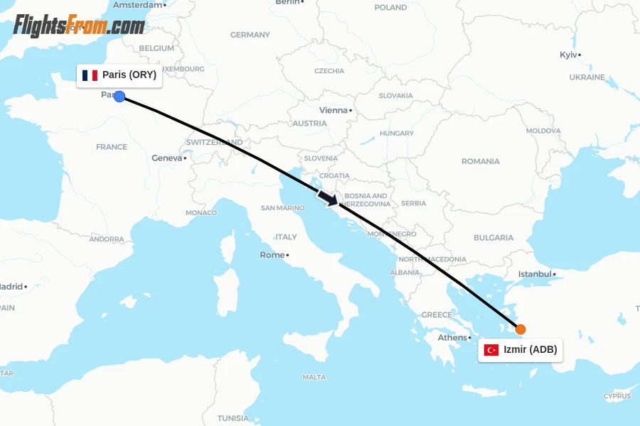Flights from Paris to Izmir route map
