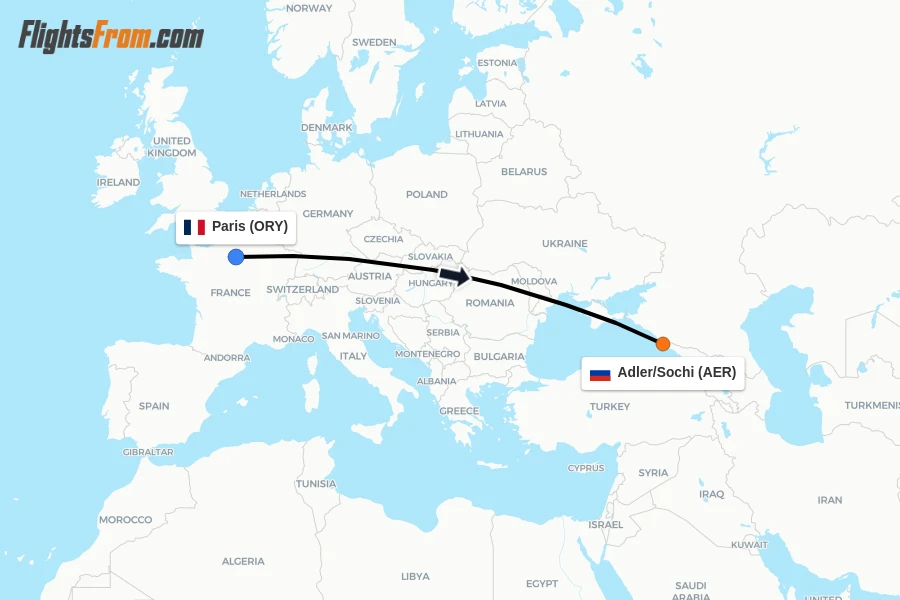 Flights from Paris to Adler/Sochi route map
