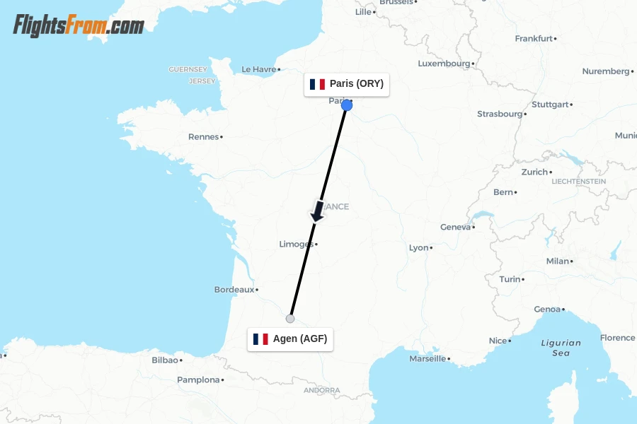 Flights from Paris to Agen route map