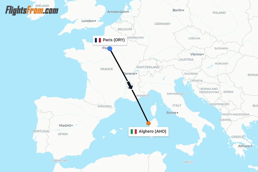 Flights from Paris to Alghero route map