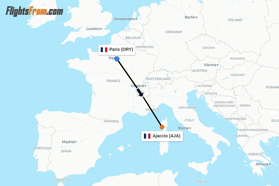 Flights from Paris to Ajaccio route map