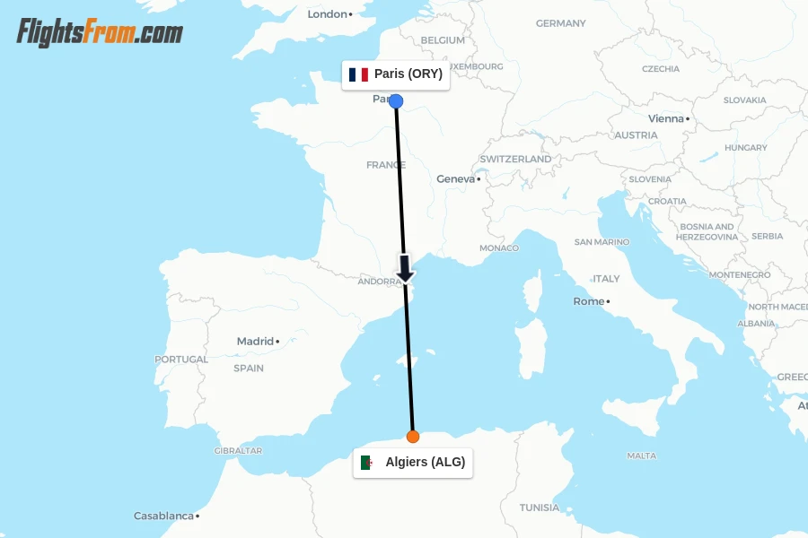 Flights from Paris to Algiers route map