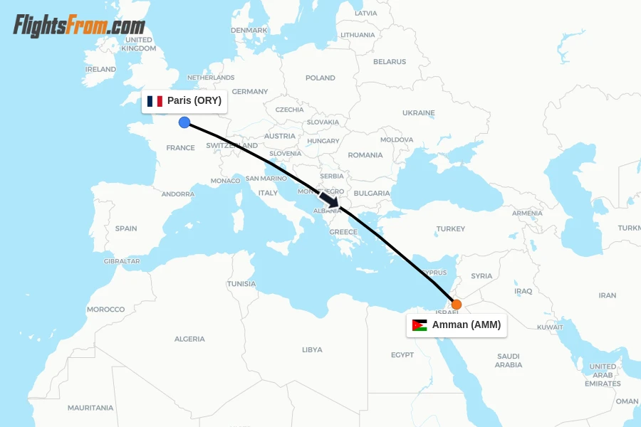 Flights from Paris to Amman route map