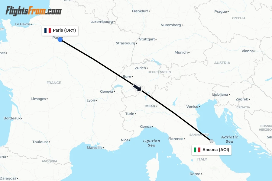 Flights from Paris to Ancona route map