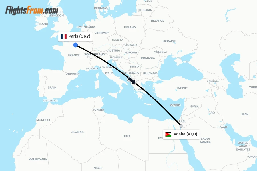 Flights from Paris to Aqaba route map