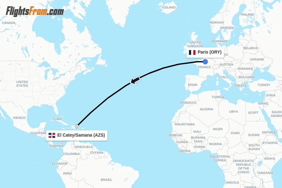 Flights from Paris to El Catey/Samana route map