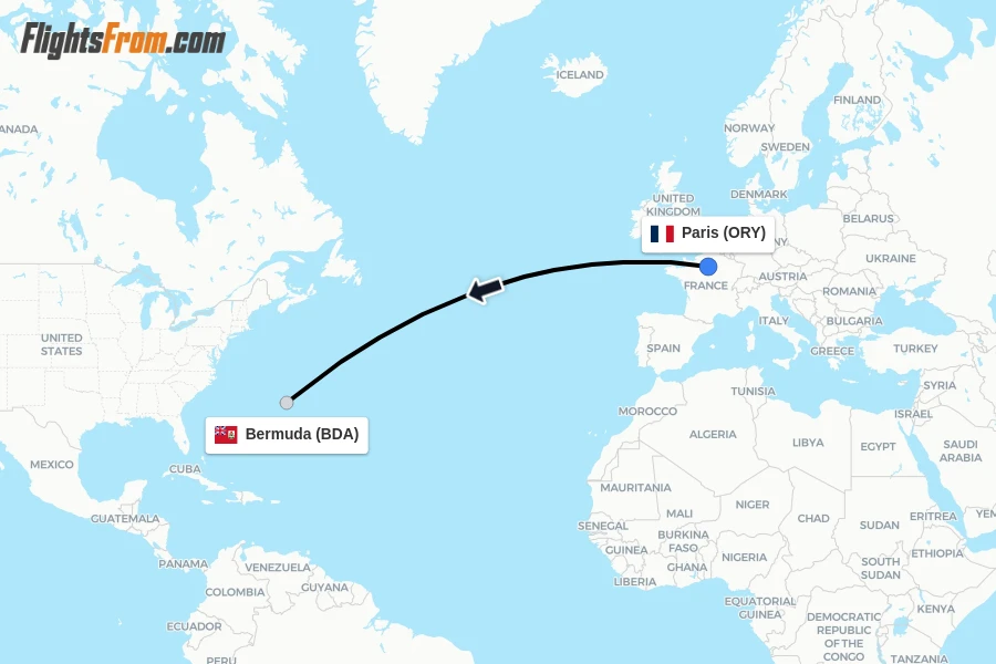 Flights from Paris to Bermuda route map