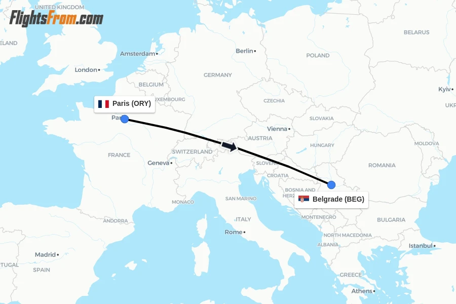 Flights from Paris to Belgrade route map