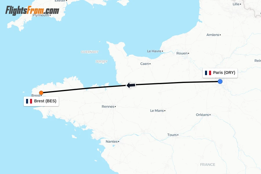 Flights from Paris to Brest route map