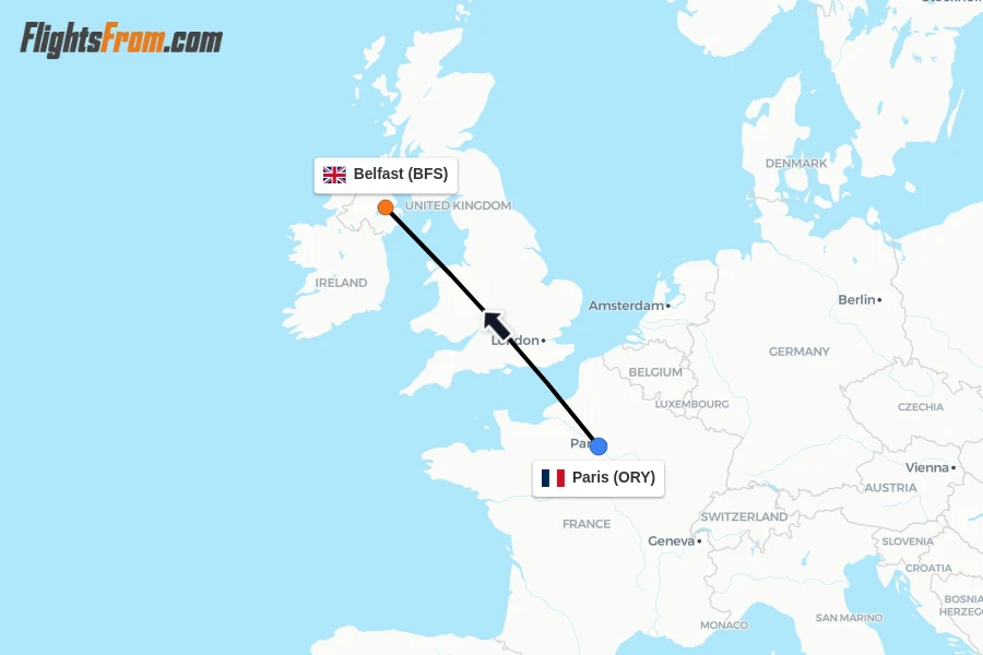 Flights from Paris to Belfast route map