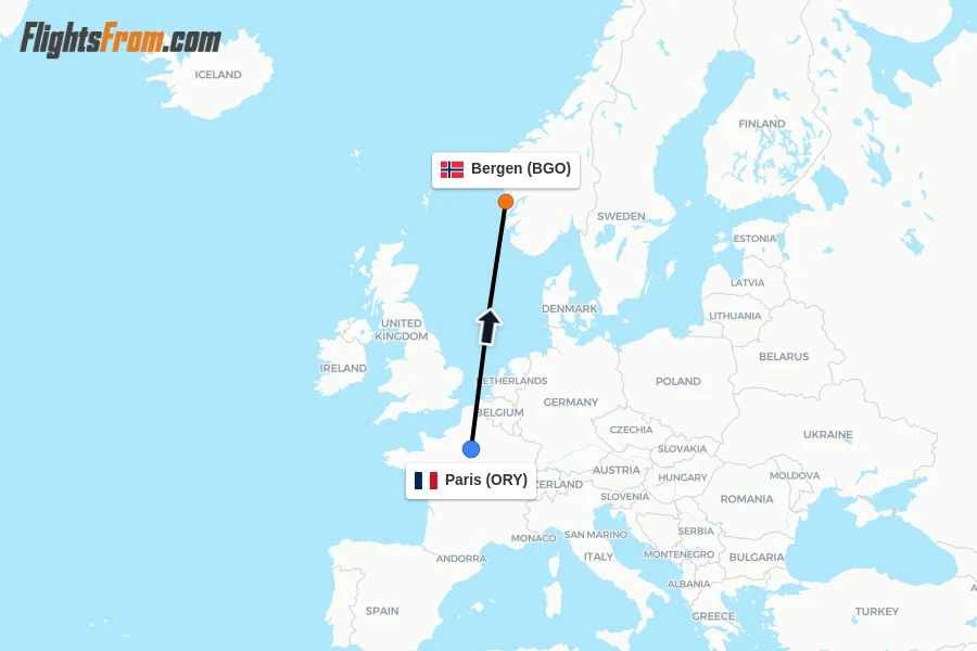 Flights from Paris to Bergen route map
