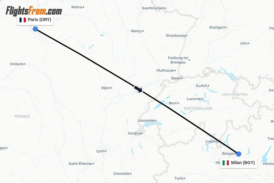 Flights from Paris to Milan route map