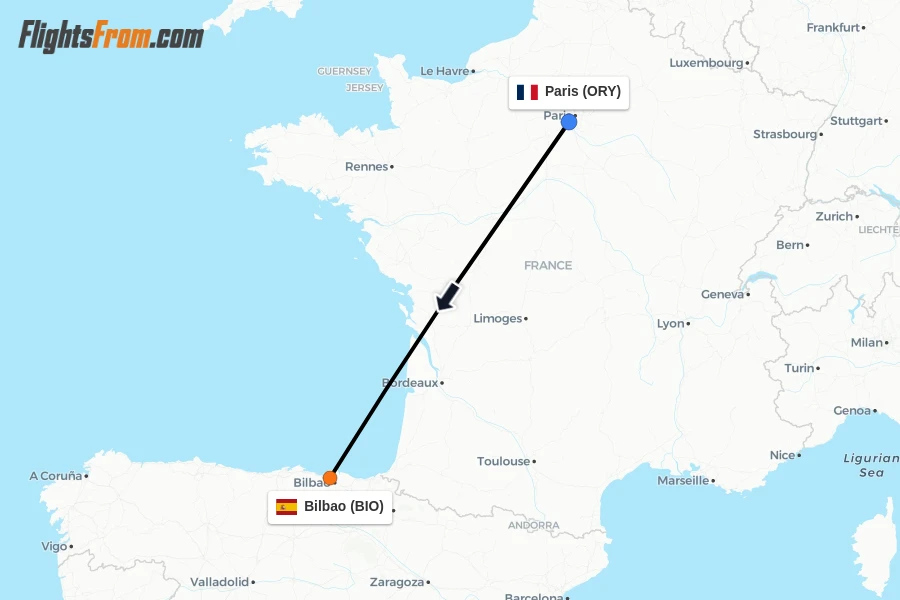 Flights from Paris to Bilbao route map