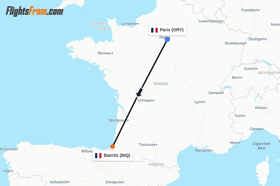 Flights from Paris to Biarritz route map