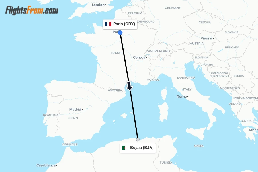 Flights from Paris to Bejaia route map