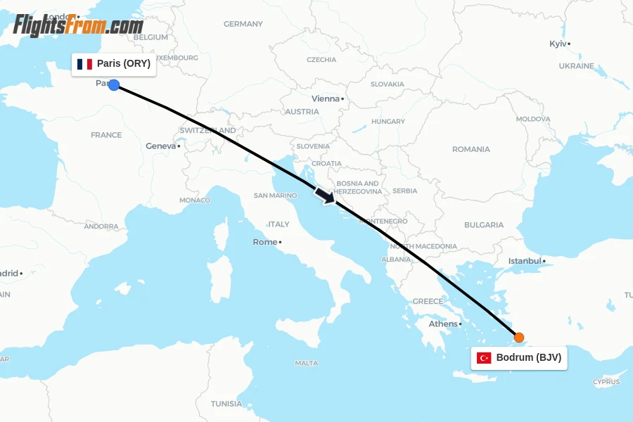 Flights from Paris to Bodrum route map