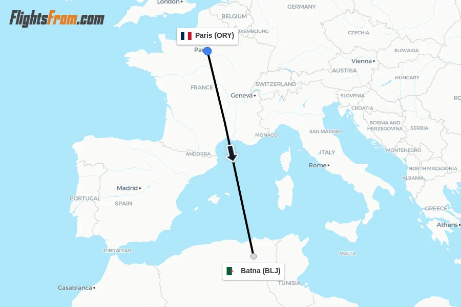 Flights from Paris to Batna route map
