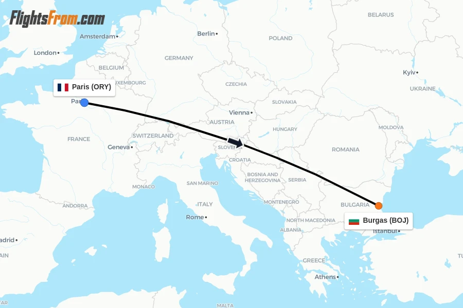 Flights from Paris to Burgas route map