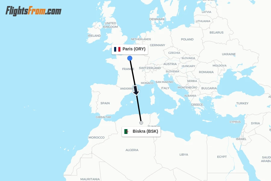 Flights from Paris to Biskra route map