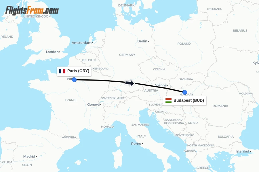 Flights from Paris to Budapest route map
