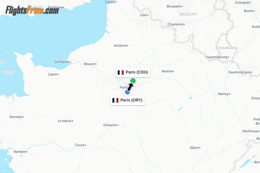 Flights from Paris to Paris route map