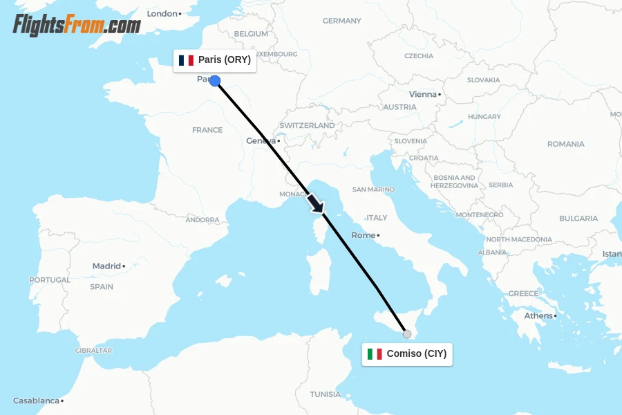 Flights from Paris to Comiso route map