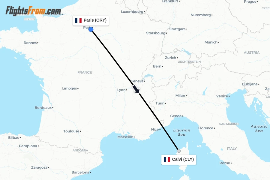 Flights from Paris to Calvi route map