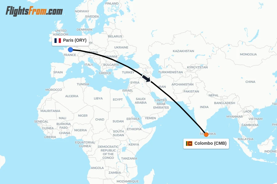 Flights from Paris to Colombo route map