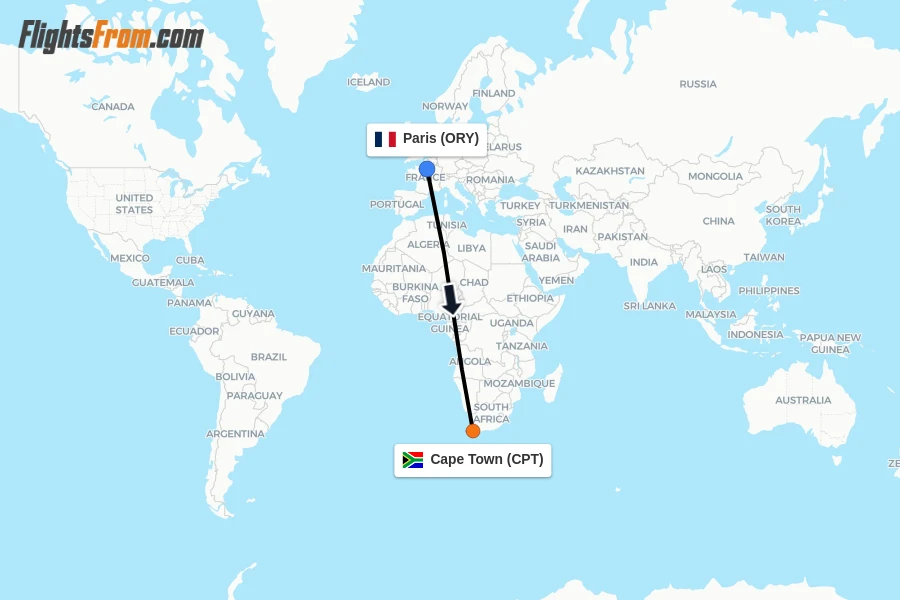 Flights from Paris to Cape Town route map