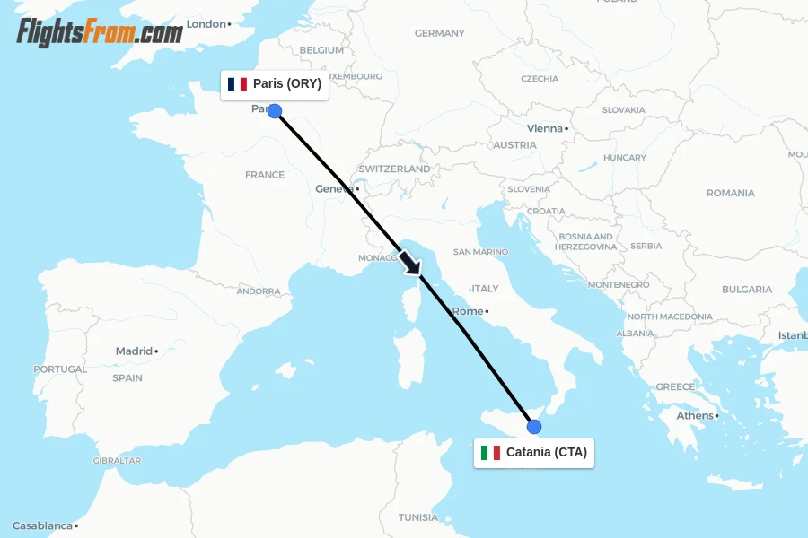 Flights from Paris to Catania route map
