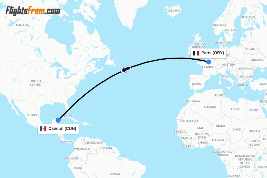 Flights from Paris to Cancun route map