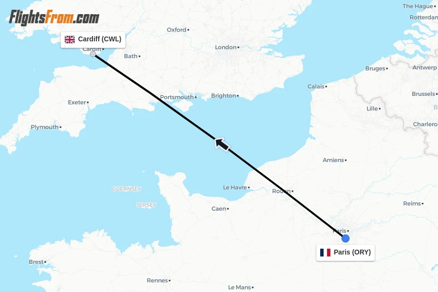 Flights from Paris to Cardiff route map