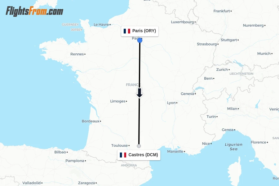 Flights from Paris to Castres route map