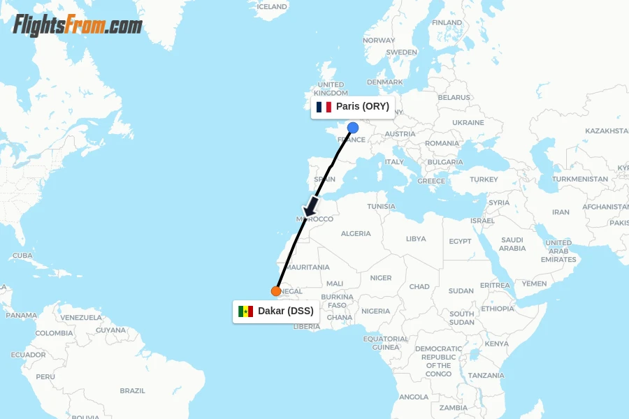 Flights from Paris to Dakar route map
